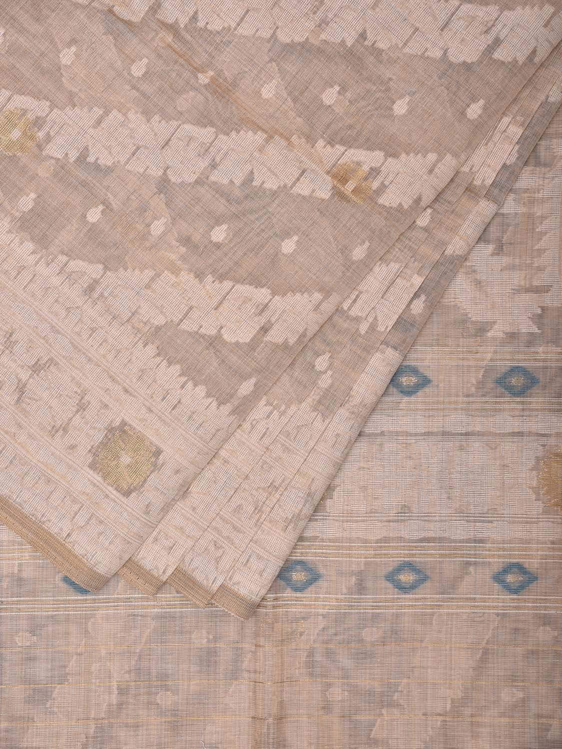 Cream and White Dhakai Jamdani Cotton Viscose Saree with Diagonal and Border Design dj0012