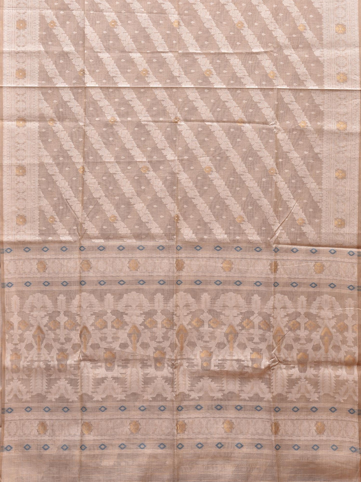 Cream and White Dhakai Jamdani Cotton Viscose Saree with Diagonal and Border Design dj0012