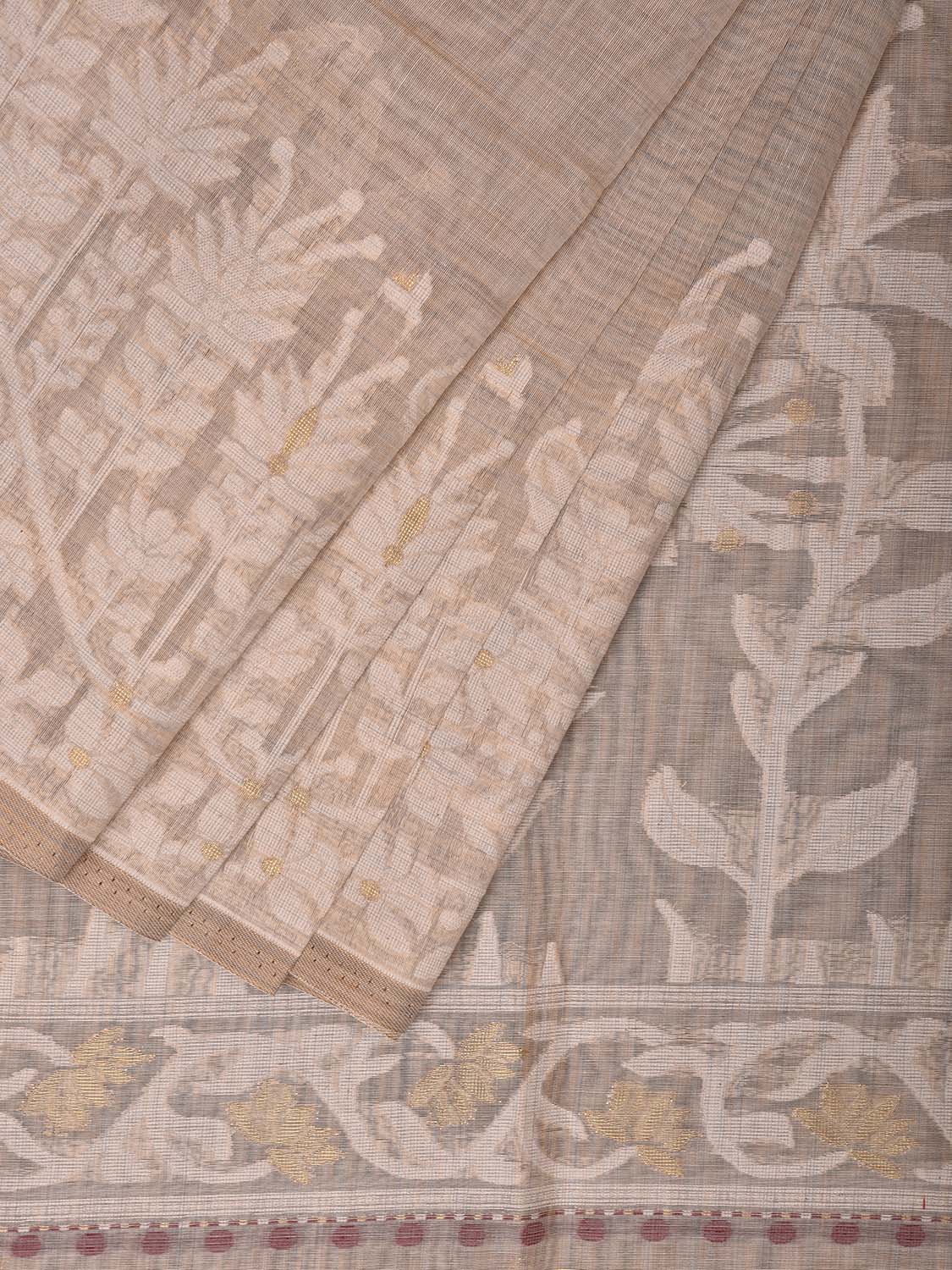 Cream Dhakai Jamdani Cotton Viscose Saree with Pallu and One Side Big Border Design dj0014