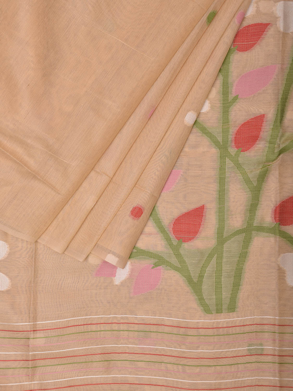 Cream Dhakai Jamdani Cotton Viscose Saree with Buta and Plants Pallu Design dj0016