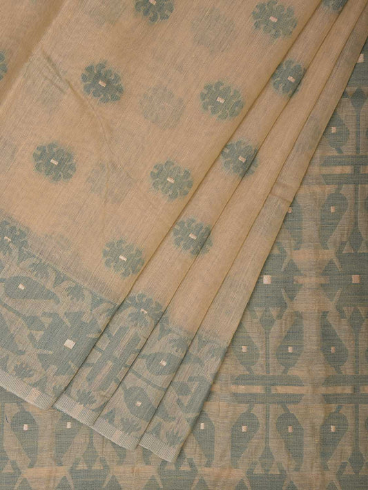 Cream and Light Green Dhakai Jamdani Cotton Viscose Saree with Buta and Pallu-Border Design dj0017