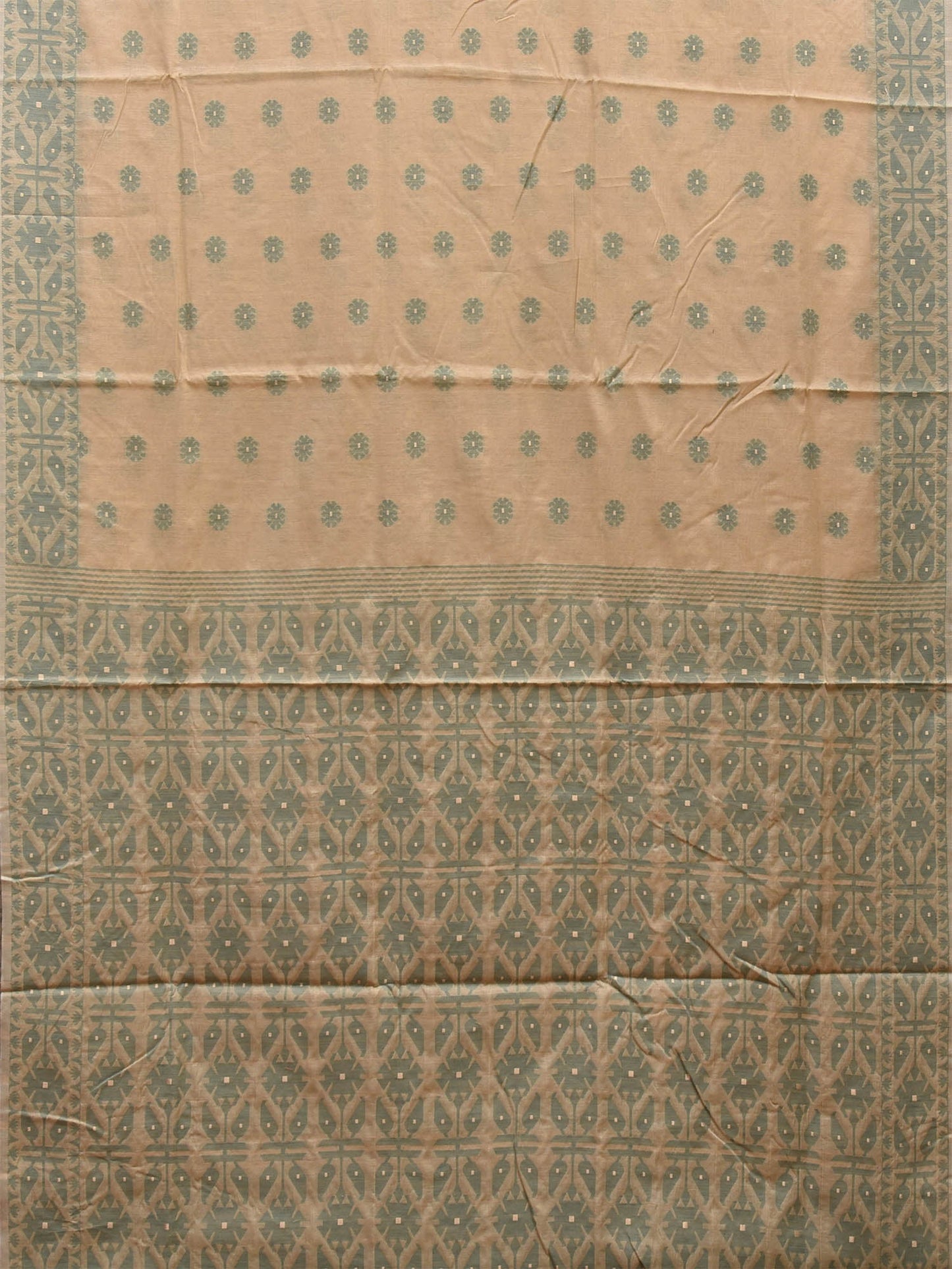 Cream and Light Green Dhakai Jamdani Cotton Viscose Saree with Buta and Pallu-Border Design dj0017