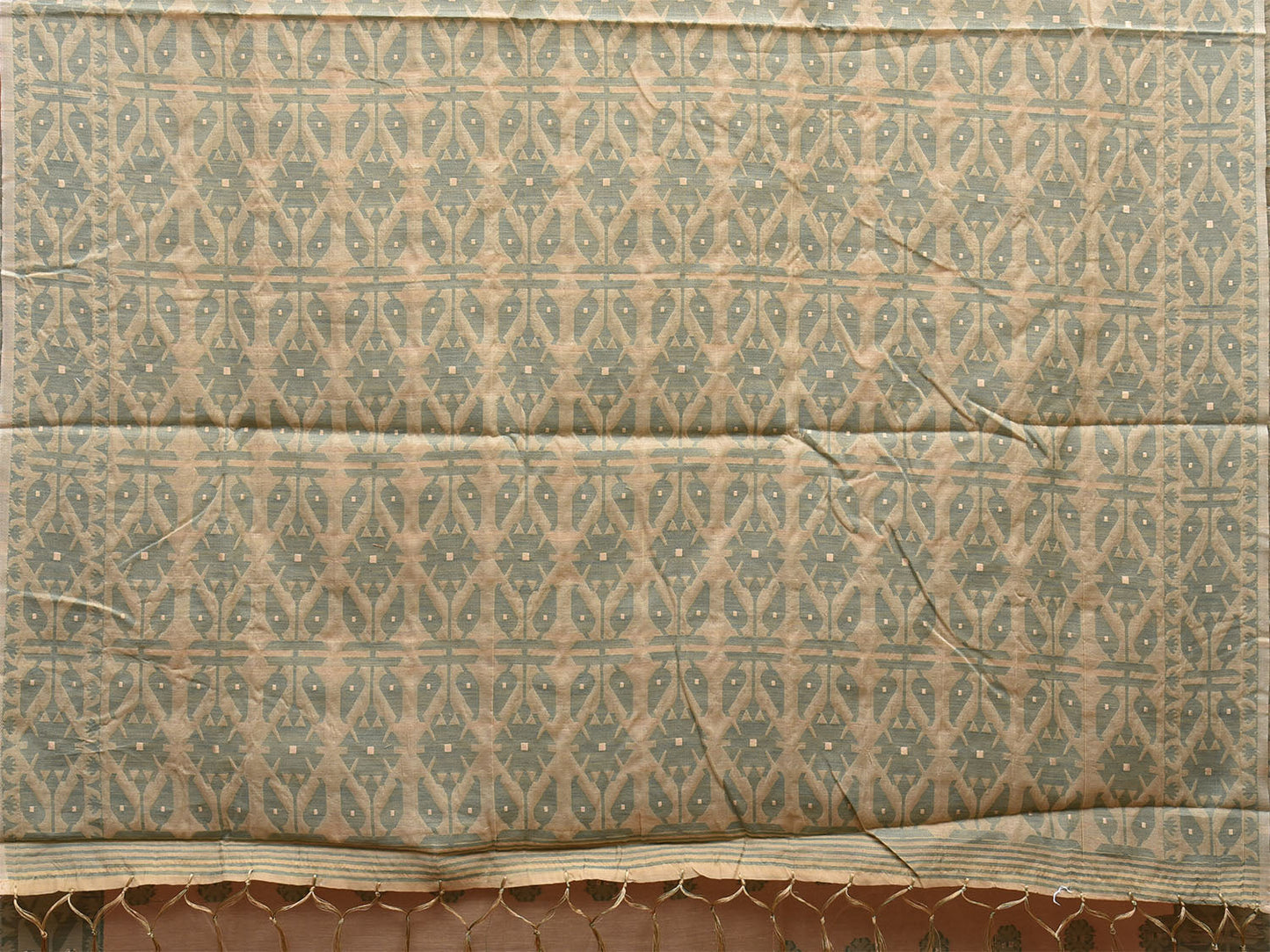 Cream and Light Green Dhakai Jamdani Cotton Viscose Saree with Buta and Pallu-Border Design dj0017