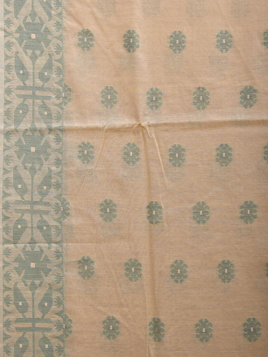 Cream and Light Green Dhakai Jamdani Cotton Viscose Saree with Buta and Pallu-Border Design dj0017