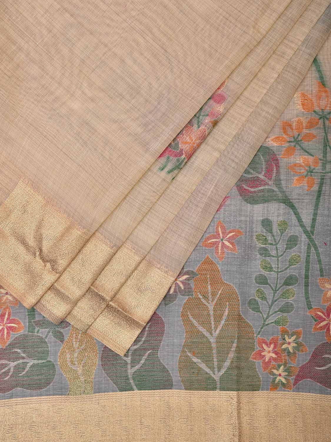 Cream Dhakai Jamdani Cotton Viscose Saree with Body Buta and Floral Pallu Design dj0020