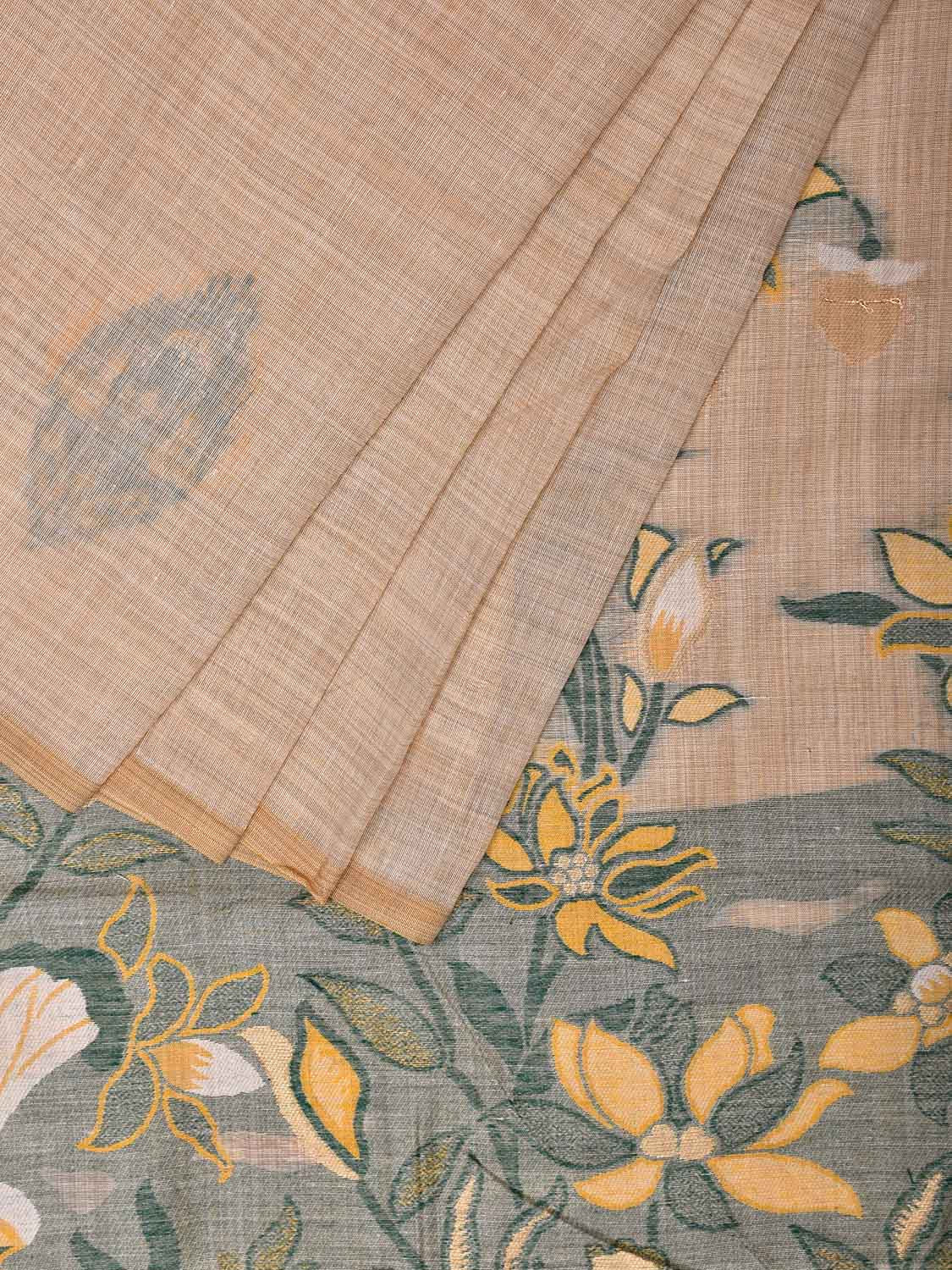Cream Dhakai Jamdani Cotton Viscose Saree with Body Buta and Floral Pallu Design dj0021
