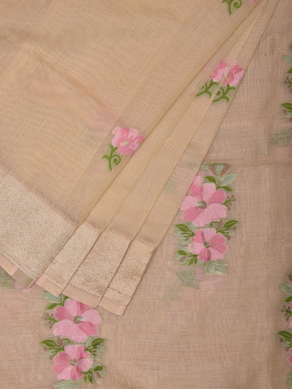 Cream Dhakai Jamdani Cotton Viscose Saree with Body Buta and Floral Pallu Design dj0022
