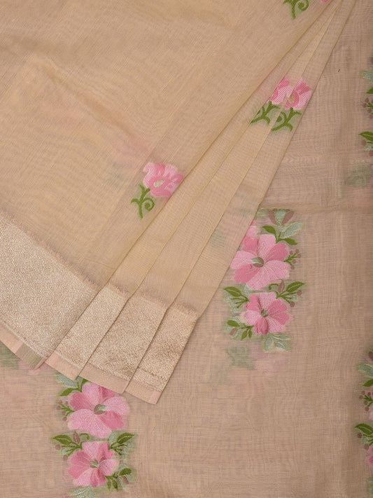 Cream Dhakai Jamdani Cotton Viscose Saree with Body Buta and Floral Pallu Design dj0022