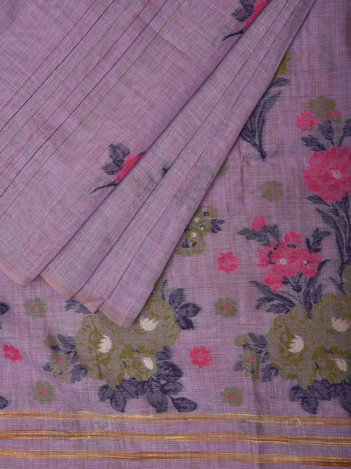 Lavender Dhakai Jamdani Cotton Viscose Saree with Floral Buta and Pallu Design dj0024