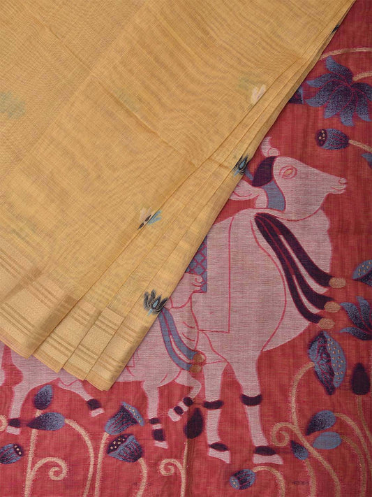 Light Yellow and Red Dhakai Jamdani Cotton Viscose Saree with Floral and Cows Pallu Design dj0025