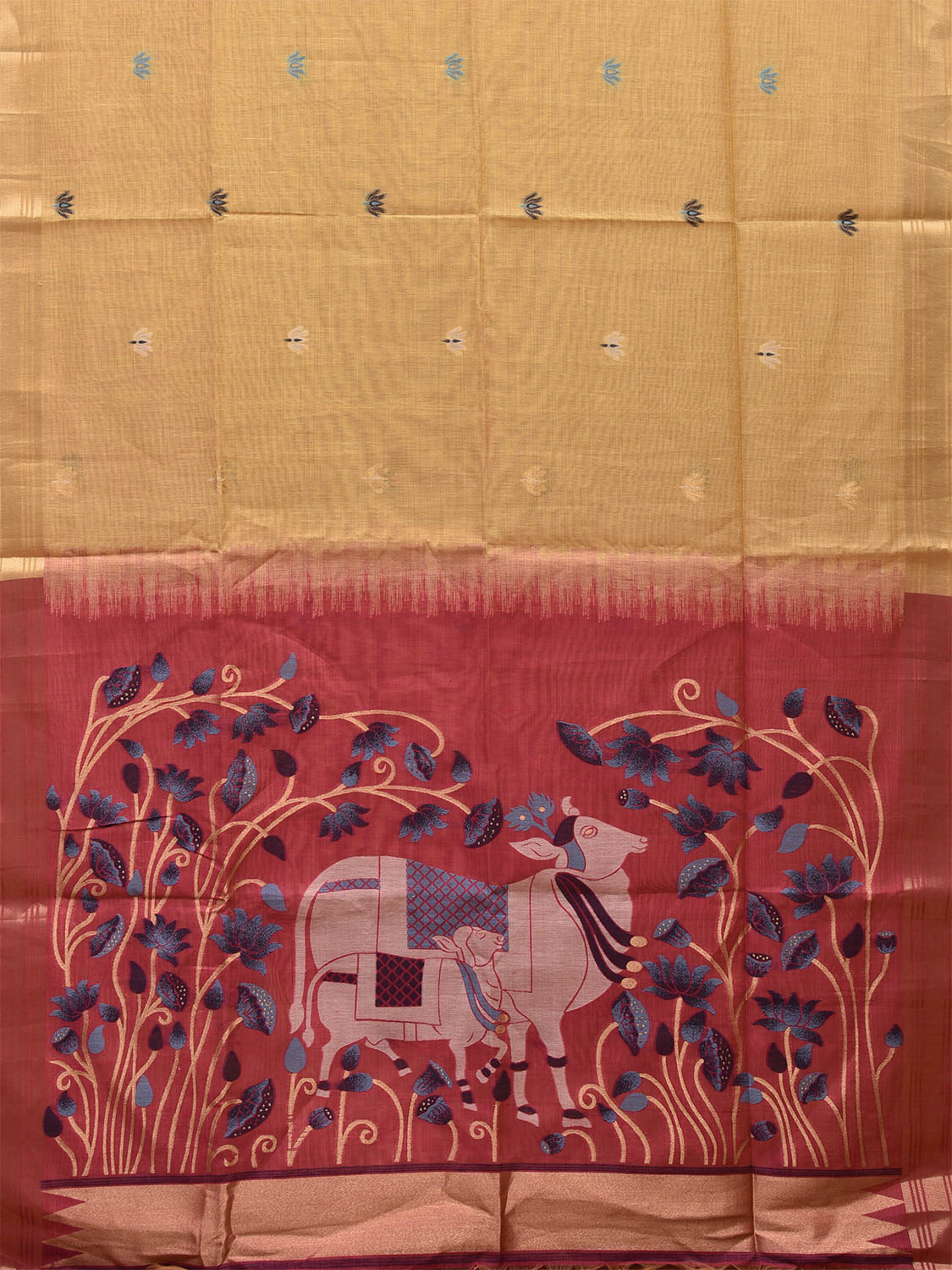 Light Yellow and Red Dhakai Jamdani Cotton Viscose Saree with Floral and Cows Pallu Design dj0025