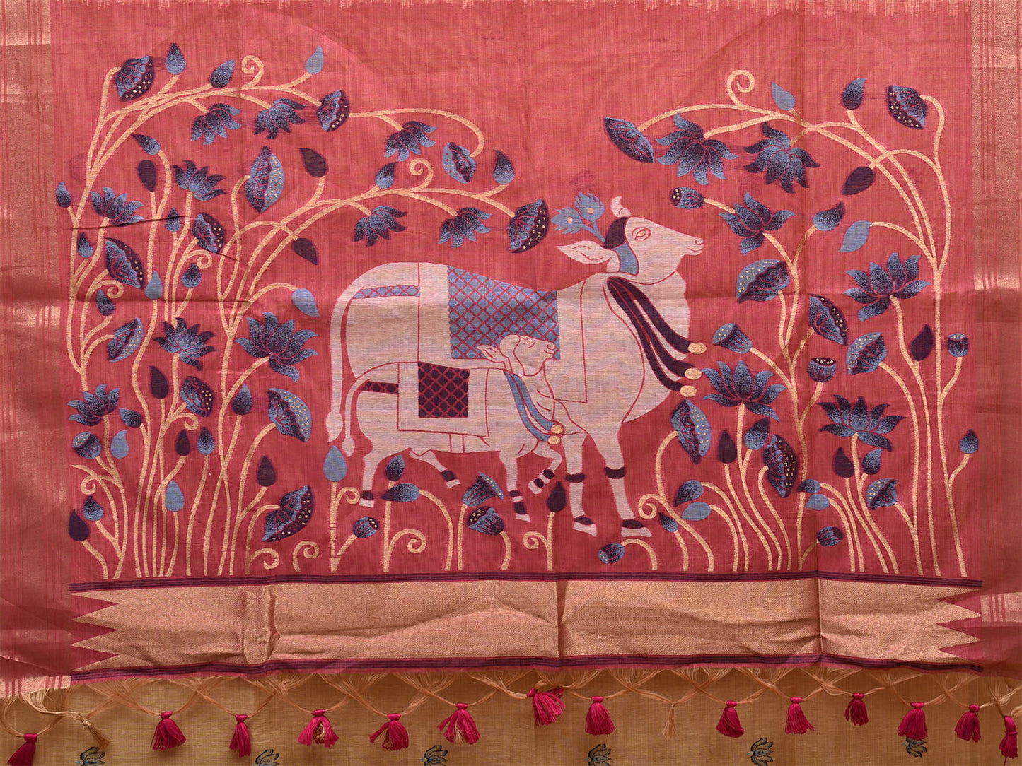 Light Yellow and Red Dhakai Jamdani Cotton Viscose Saree with Floral and Cows Pallu Design dj0025