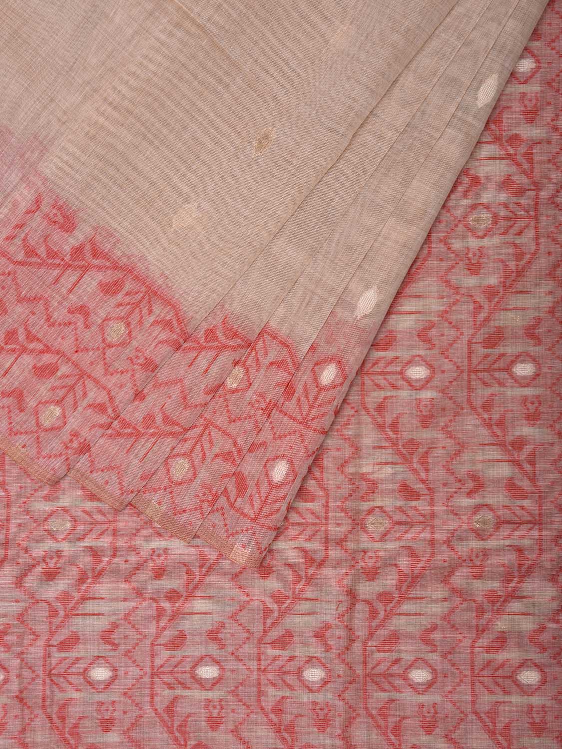 Cream and Red Dhakai Jamdani Cotton Viscose Saree with Border and Pallu Design dj0026