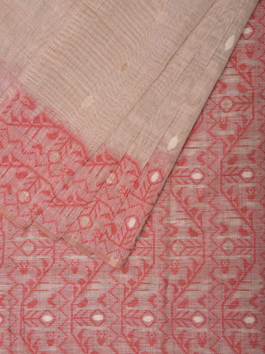 Cream and Red Dhakai Jamdani Cotton Viscose Saree with Border and Pallu Design dj0026