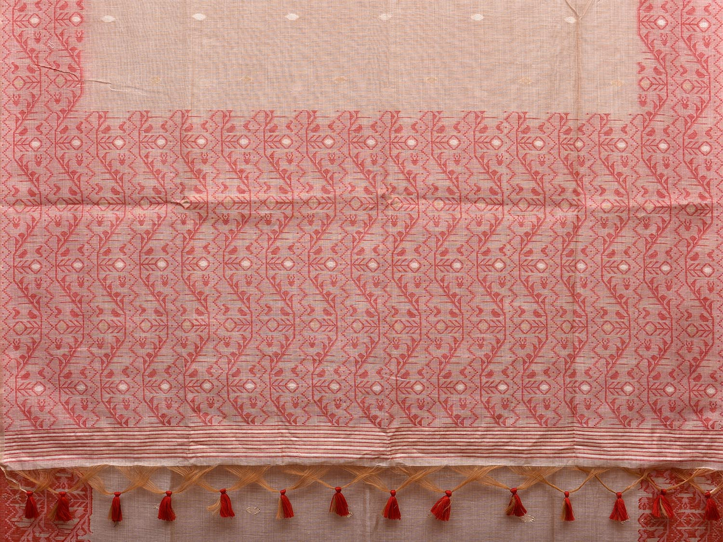 Cream and Red Dhakai Jamdani Cotton Viscose Saree with Border and Pallu Design dj0026