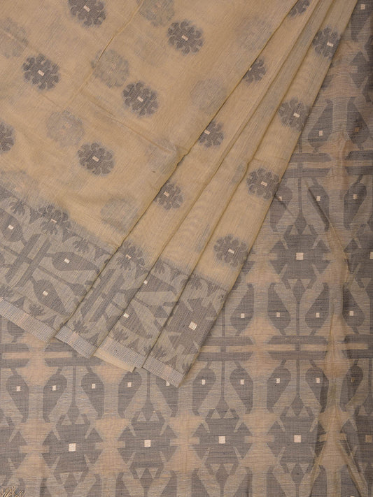 Cream and Light Grey Dhakai Jamdani Cotton Viscose Saree with Buta and Pallu-Border Design dj0045