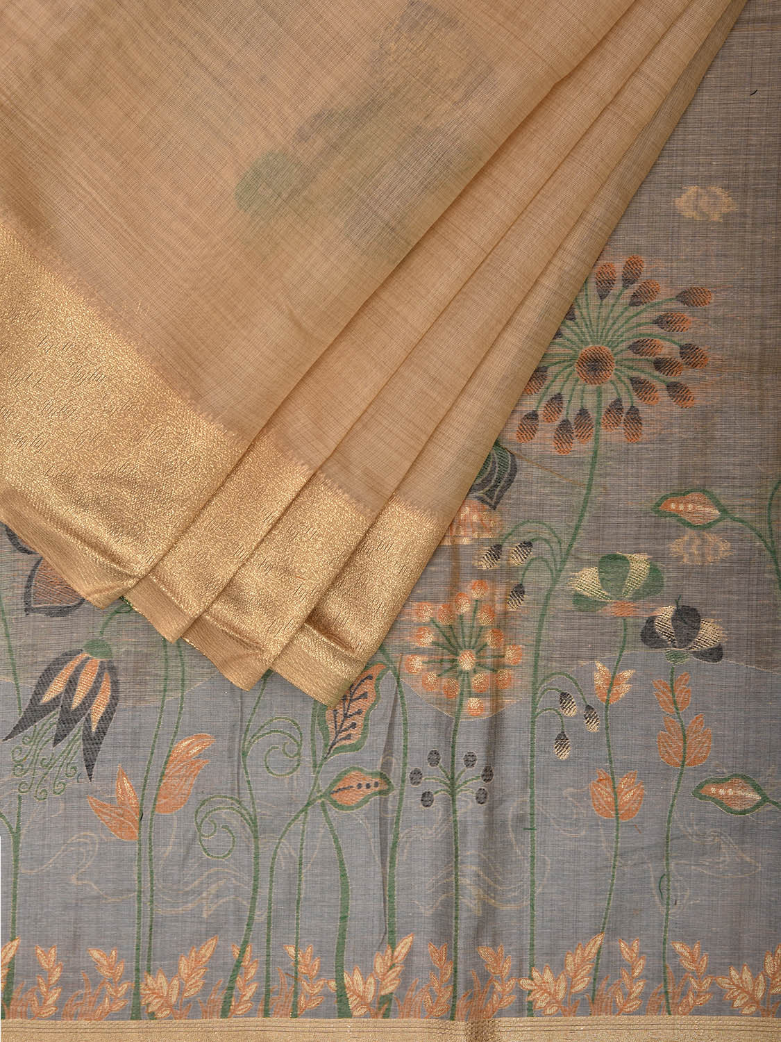 Cream Dhakai Jamdani Cotton Viscose Saree with Body Buta and Floral Pallu Design dj0047