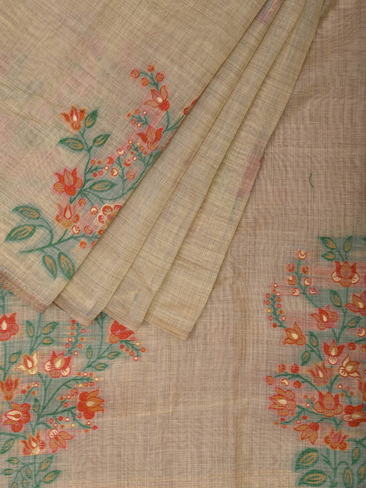 Cream Dhakai Jamdani Cotton Viscose Saree with Floral Buta and Pallu Design dj0050