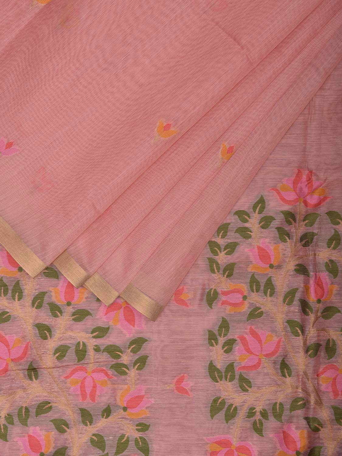 Light Peach Dhakai Jamdani Cotton Viscose Saree with Body Buta and Floral Pallu Design dj0051