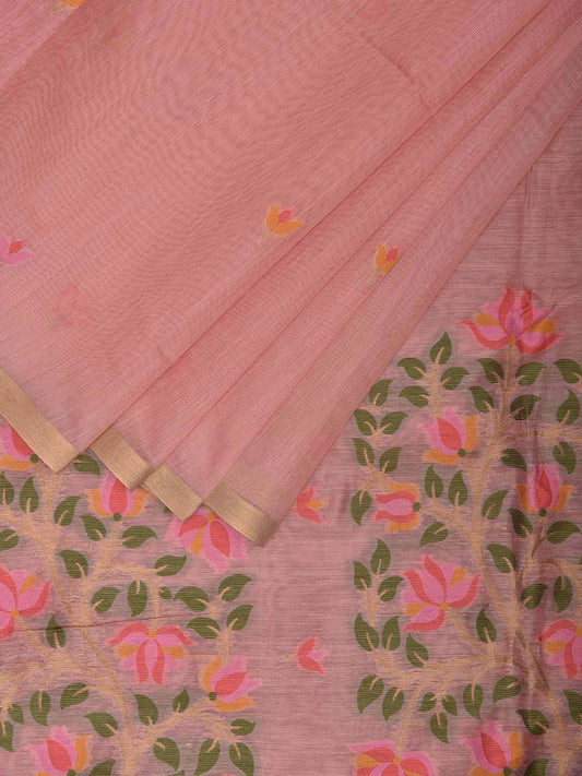 Light Peach Dhakai Jamdani Cotton Viscose Saree with Body Buta and Floral Pallu Design dj0051