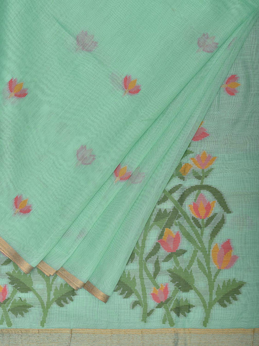 Turquoise Dhakai Jamdani Cotton Viscose Saree with Body Buta and Floral Pallu Design dj0052