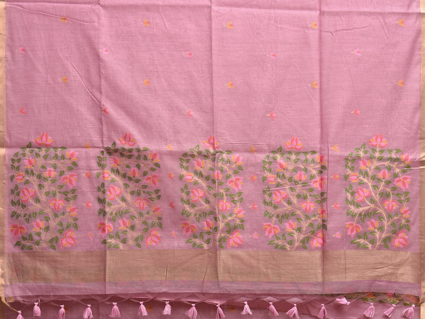 Light Pink Dhakai Jamdani Cotton Viscose Saree with Body Buta and Floral Pallu Design dj0053