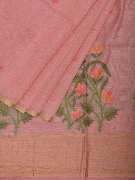Light Peach Dhakai Jamdani Cotton Viscose Saree with Body Buta and Floral Pallu Design dj0054