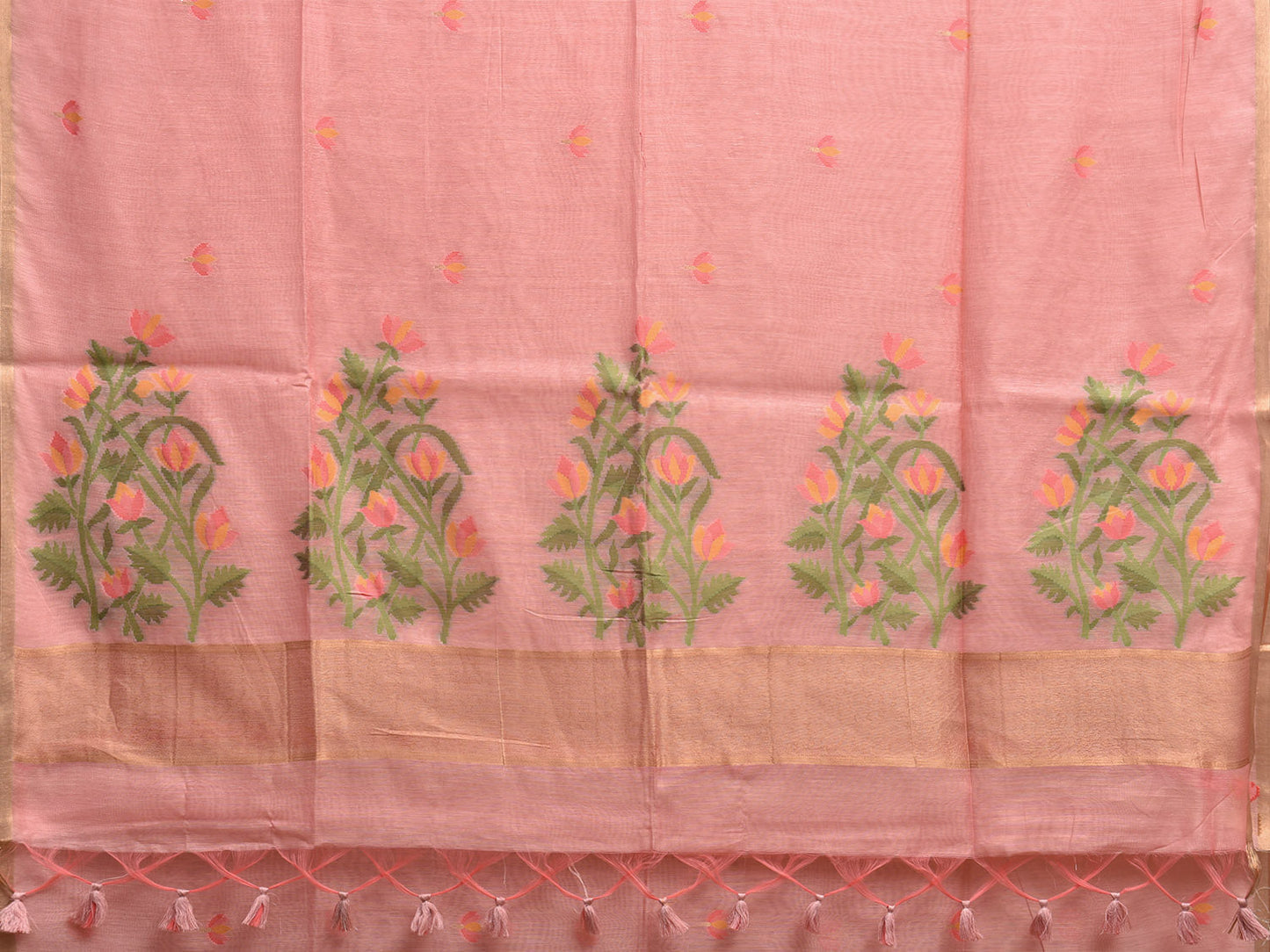 Light Peach Dhakai Jamdani Cotton Viscose Saree with Body Buta and Floral Pallu Design dj0054
