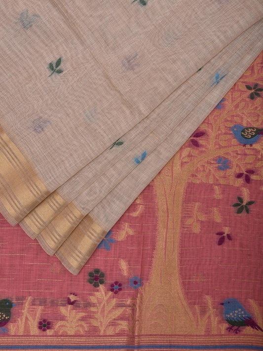 Cream and Baby Pink Dhakai Jamdani Cotton Viscose Saree with Tree and Birds Pallu Design dj0055