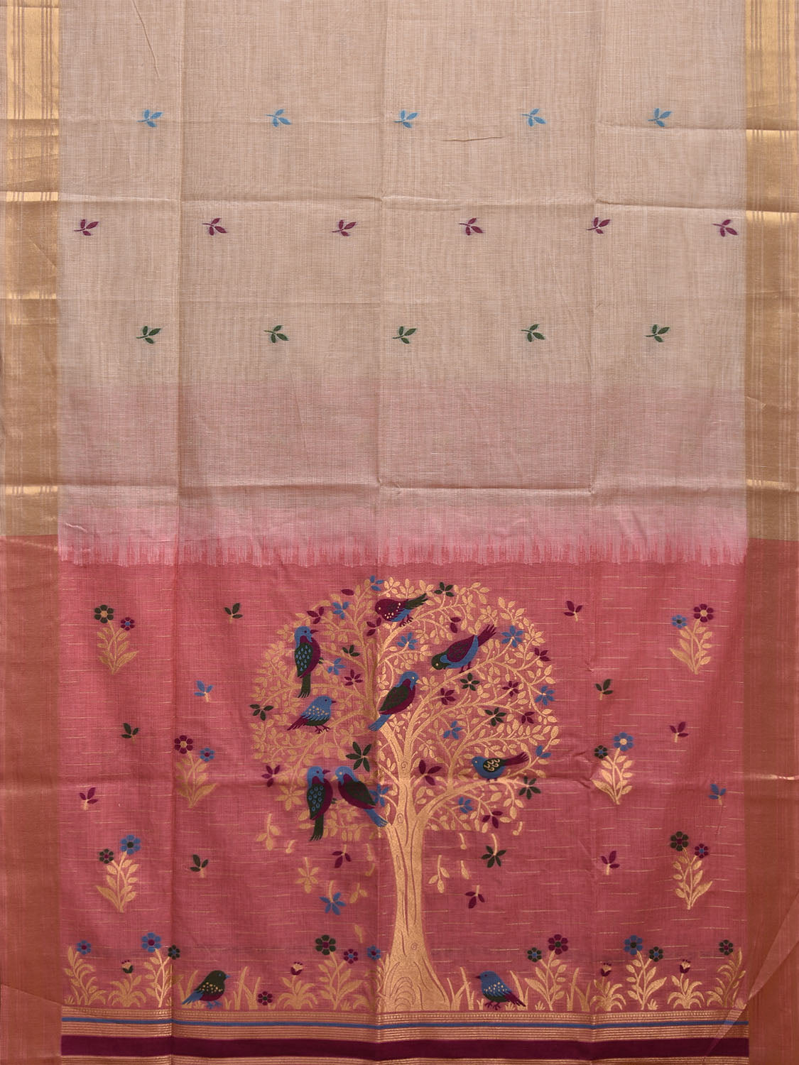 Cream and Baby Pink Dhakai Jamdani Cotton Viscose Saree with Tree and Birds Pallu Design dj0055