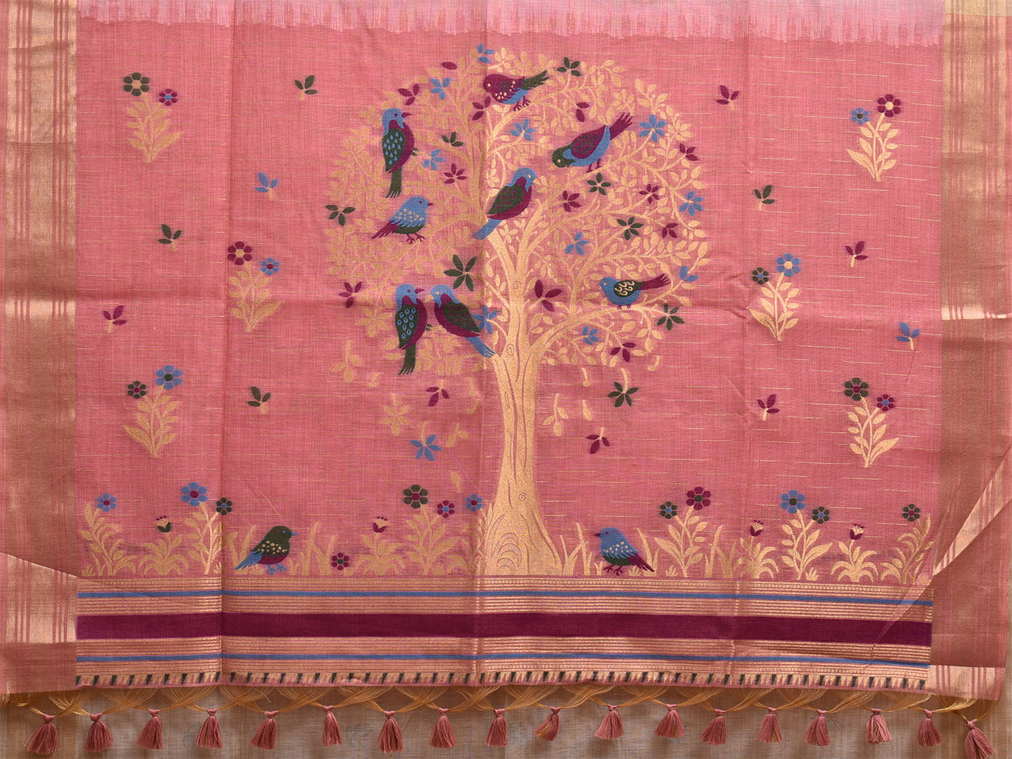 Cream and Baby Pink Dhakai Jamdani Cotton Viscose Saree with Tree and Birds Pallu Design dj0055