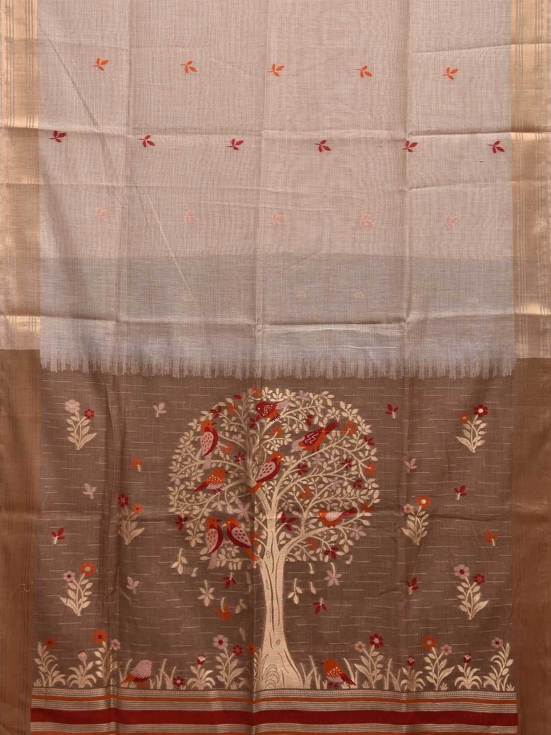 Cream and Khaki Dhakai Jamdani Cotton Viscose Saree with Tree and Birds Pallu Design dj0056