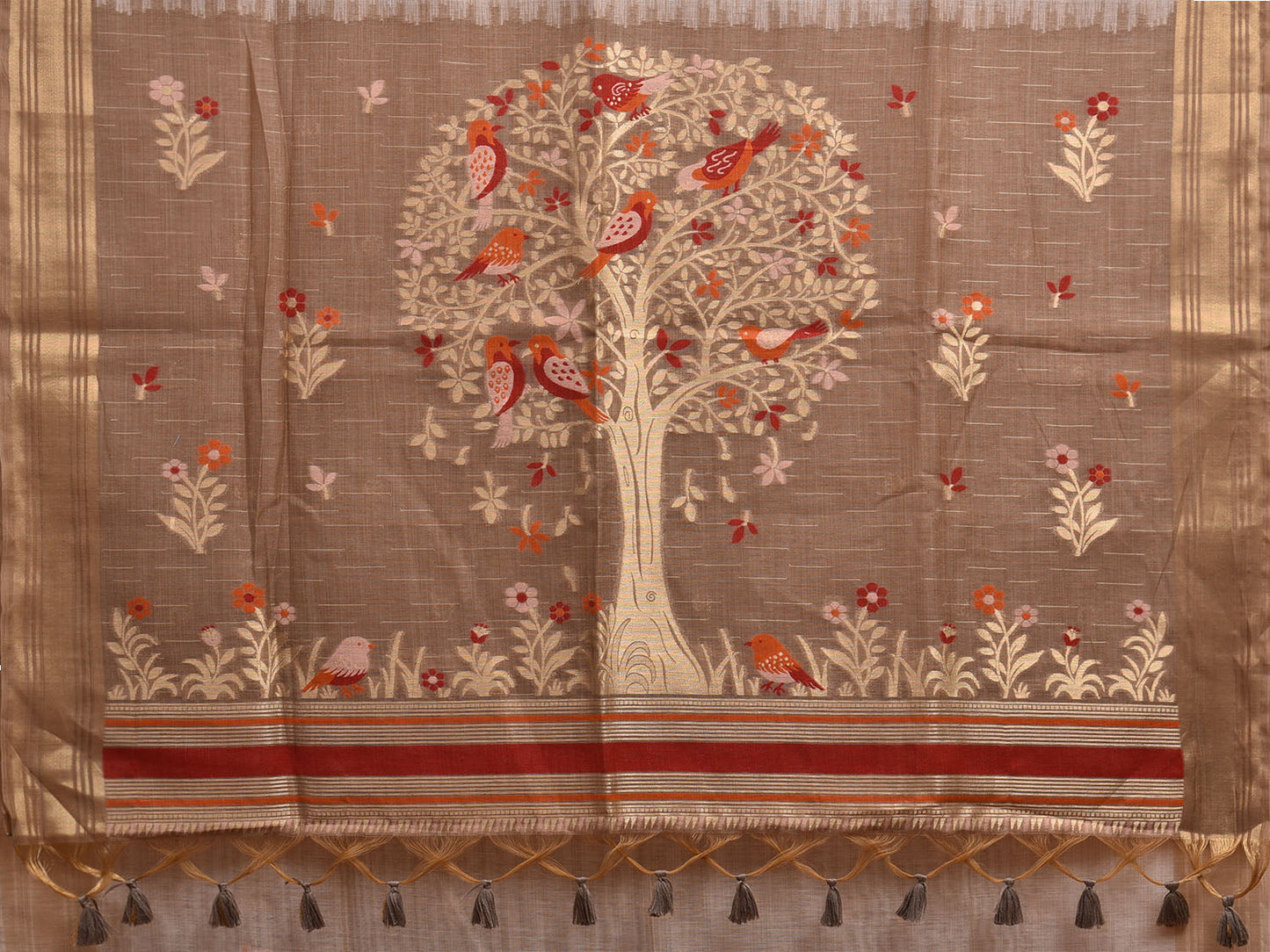 Cream and Khaki Dhakai Jamdani Cotton Viscose Saree with Tree and Birds Pallu Design dj0056