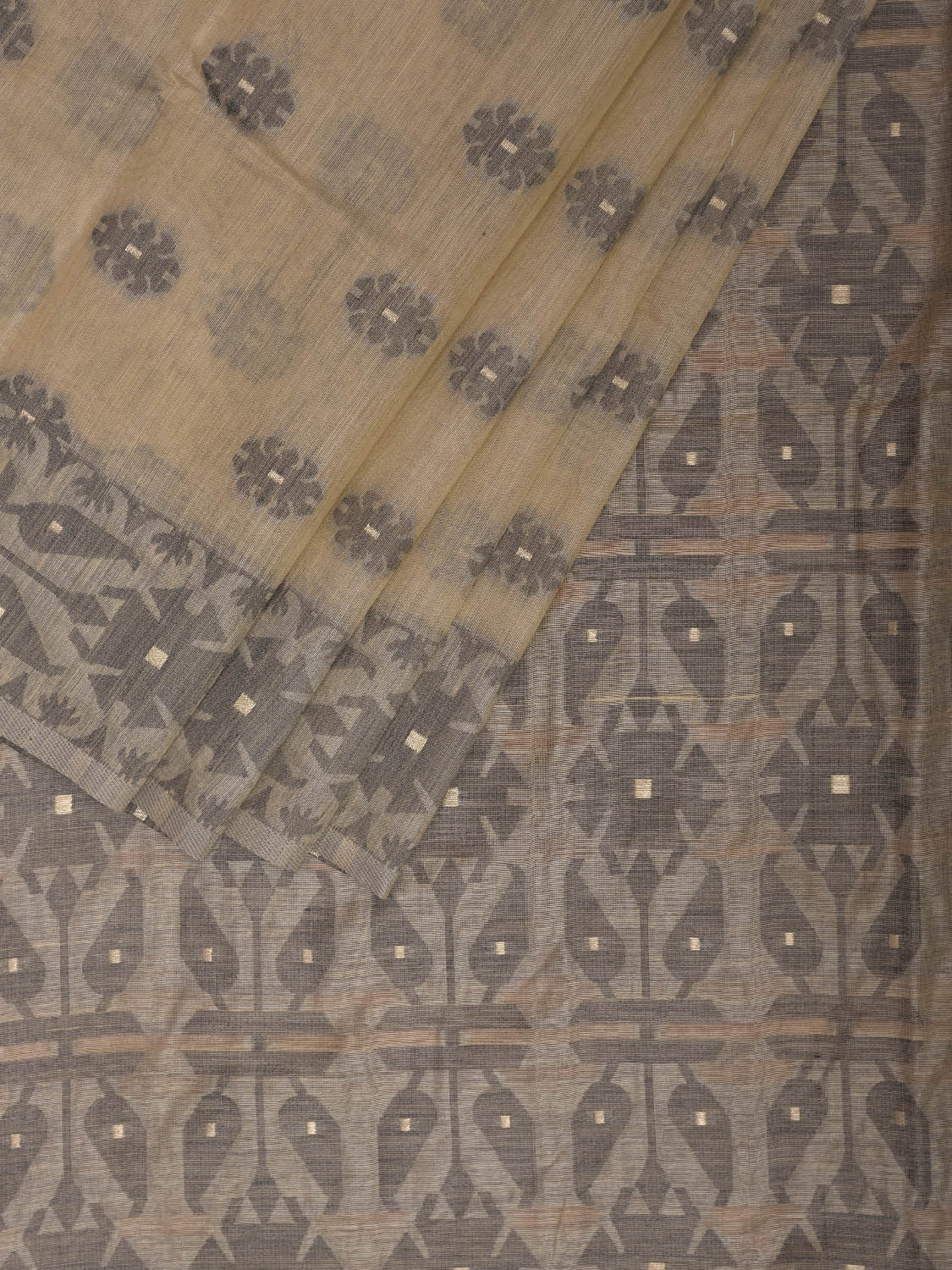 Cream and Light Grey Dhakai Jamdani Cotton Viscose Saree with Buta and Pallu-Border Design dj0114