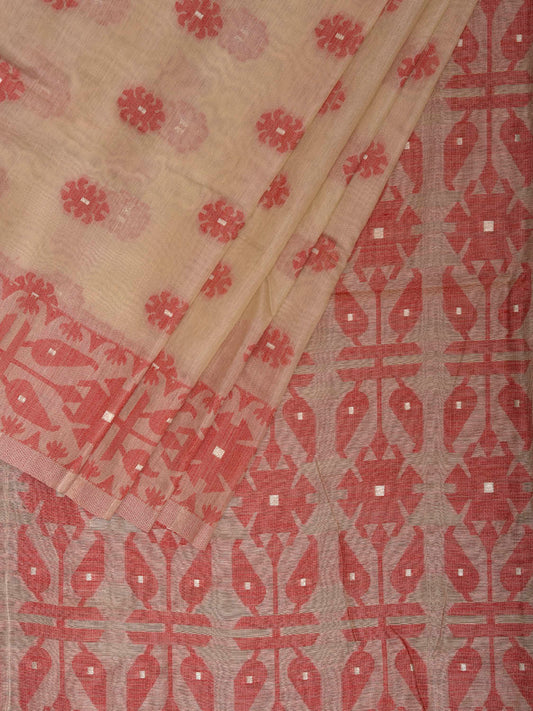 Cream and Red Dhakai Jamdani Cotton Viscose Saree with Buta and Pallu-Border Design dj0116