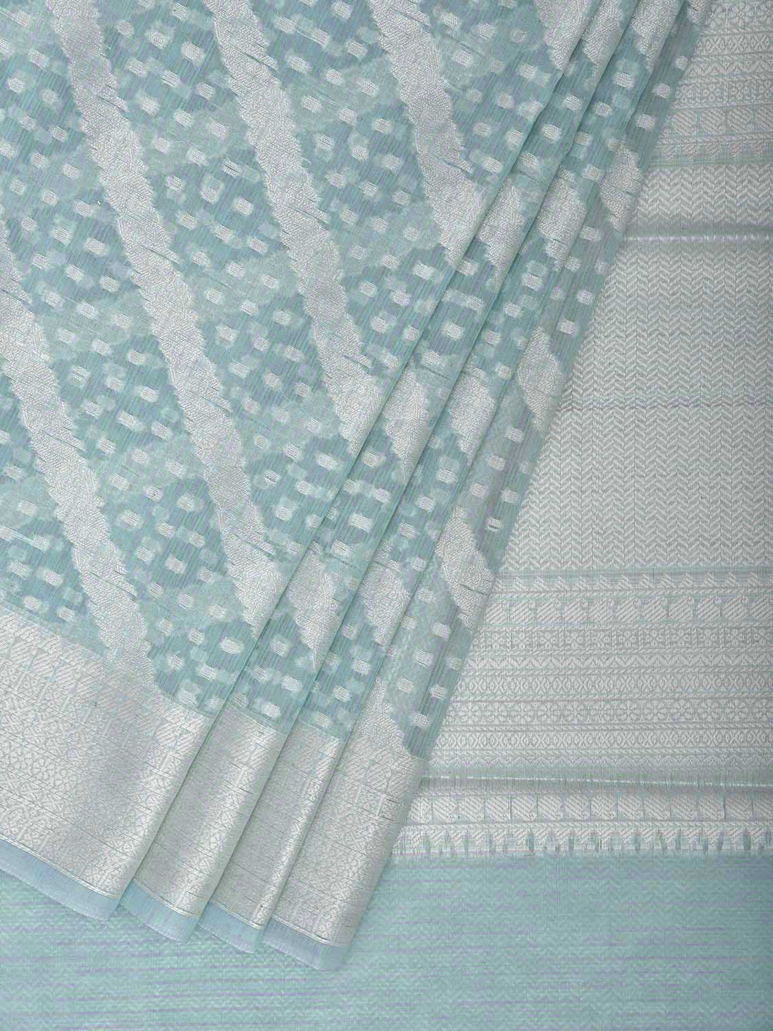 Light Turquoise Dhakai Jamdani Cotton Viscose Saree with Diagonal and Border Design dj0136
