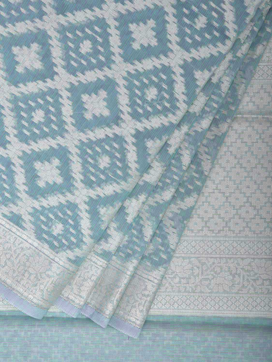 Light Turquoise Dhakai Jamdani Cotton Viscose Saree with Grill Body and Pallu Design dj0140