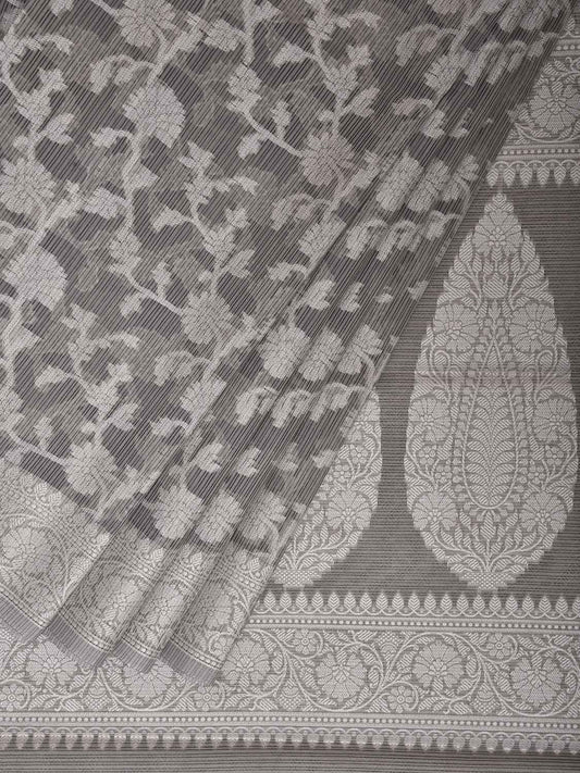 Grey Dhakai Jamdani Cotton Viscose Saree with Floral Body and Pallu Design dj0143