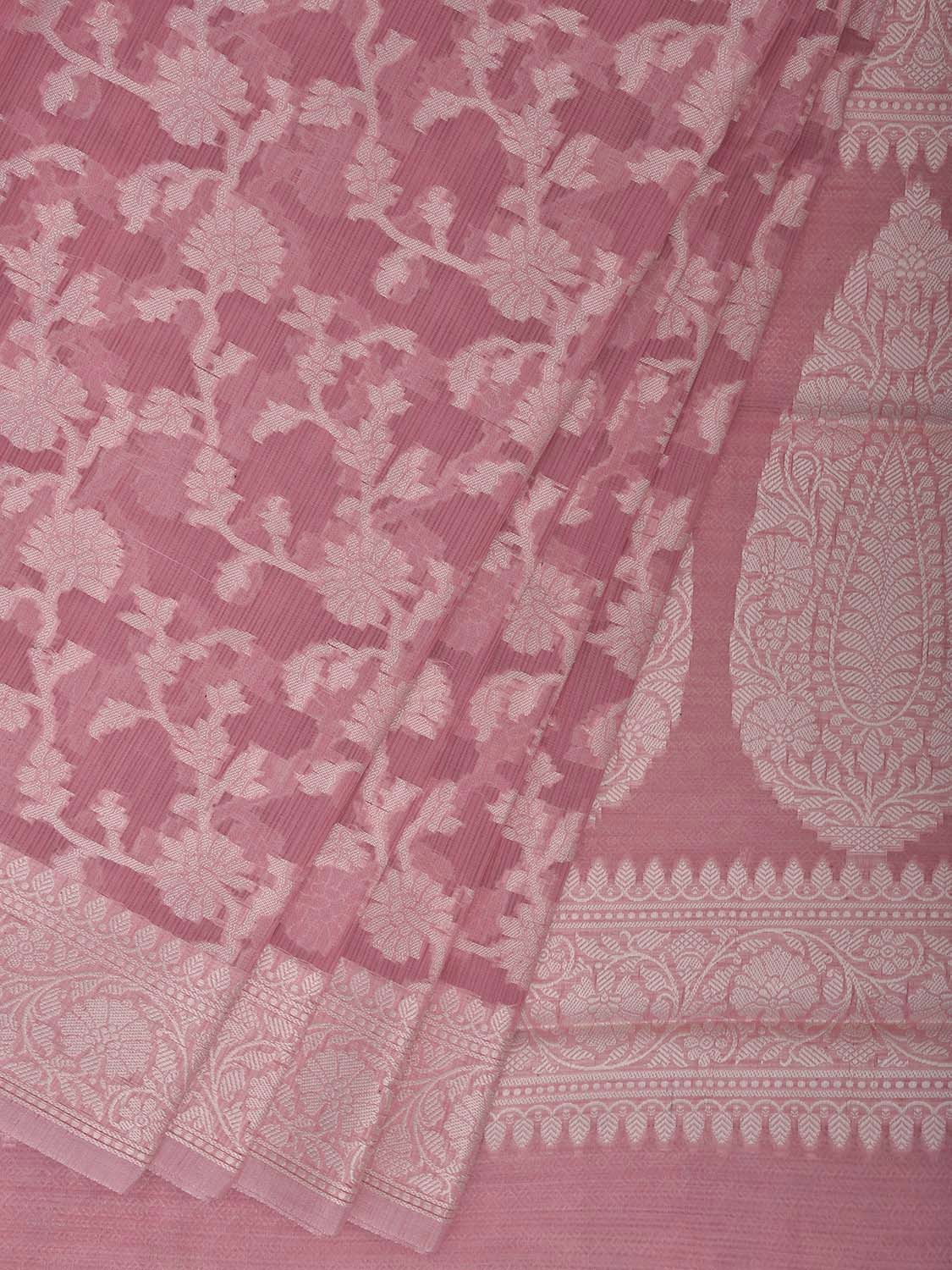 Light Pink Dhakai Jamdani Cotton Viscose Saree with Floral Body and Pallu Design dj0144