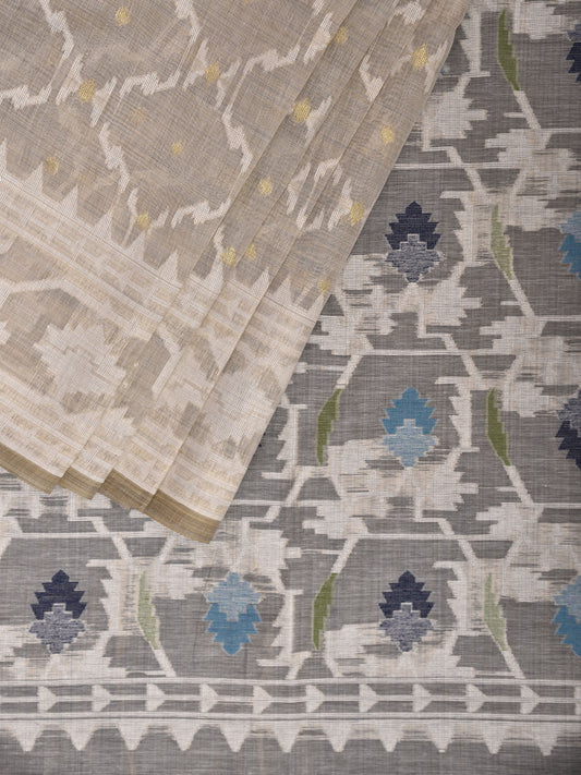 Beige Dhakai Jamdani Cotton Viscose Saree with Grill Body and Pallu Design dj0148