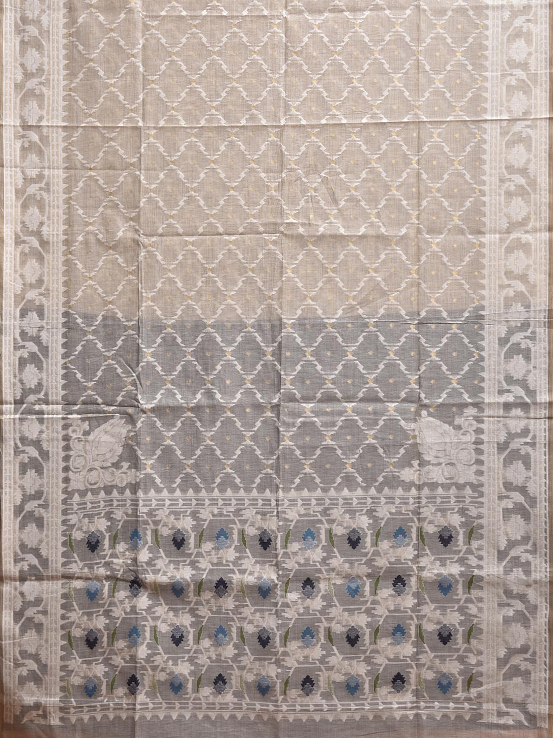 Beige Dhakai Jamdani Cotton Viscose Saree with Grill Body and Pallu Design dj0148