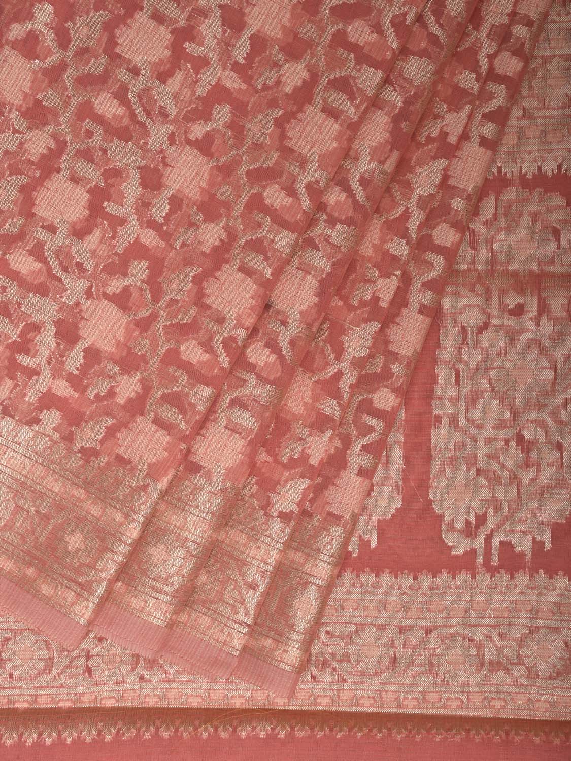 Peach Dhakai Jamdani Cotton Viscose Saree with Floral Body and Pallu Design dj0149