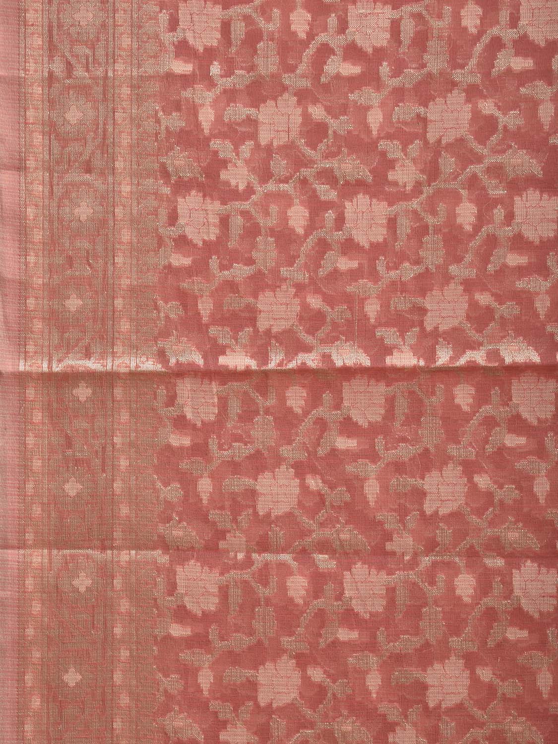 Peach Dhakai Jamdani Cotton Viscose Saree with Floral Body and Pallu Design dj0149