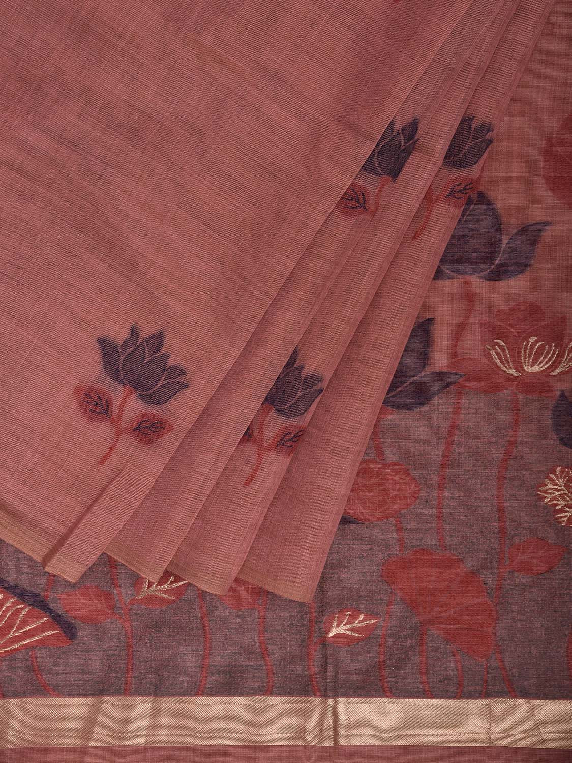 Dark Peach Dhakai Jamdani Cotton Viscose Saree with Lotus Buta and Pond Pallu Design dj0150