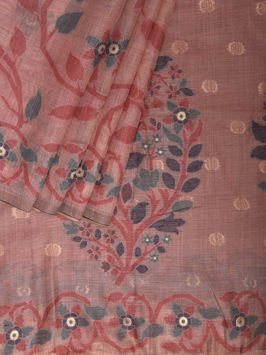 Light Pink Dhakai Jamdani Cotton Viscose Saree with All Over Floral Design dj0151