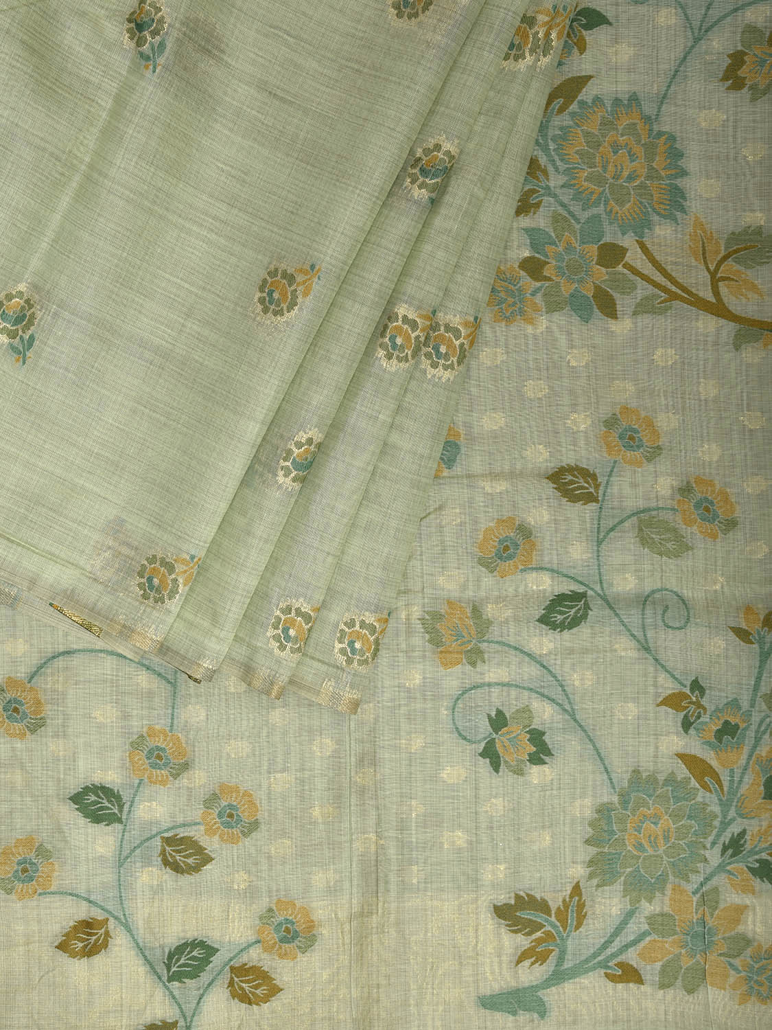 Light Green Dhakai Jamdani Cotton Viscose Saree with Floral Pallu Design dj0152