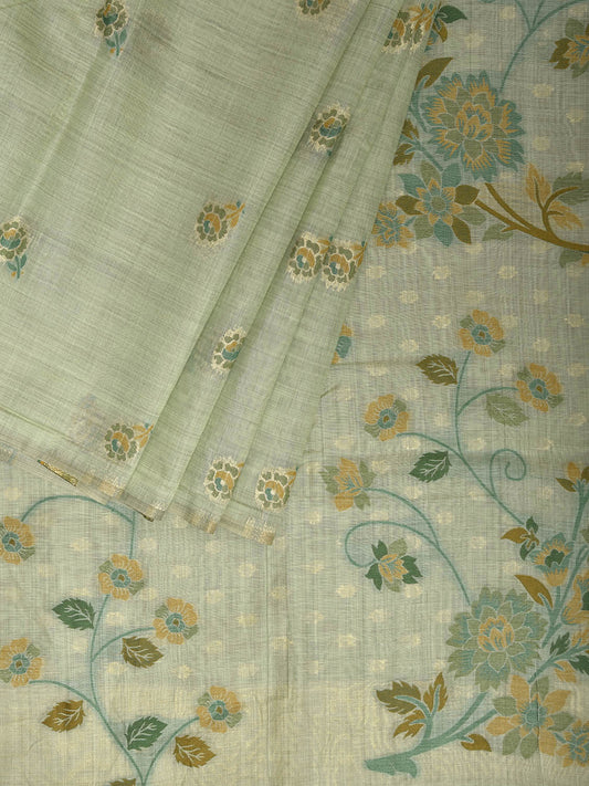 Light Green Dhakai Jamdani Cotton Viscose Saree with Floral Pallu Design dj0152