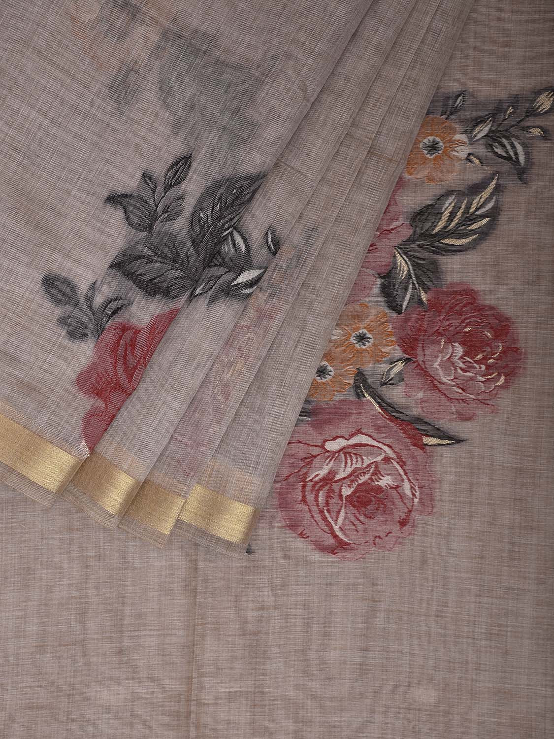 Light Grey Dhakai Jamdani Cotton Viscose Saree with Lotus Pallu Design dj0153