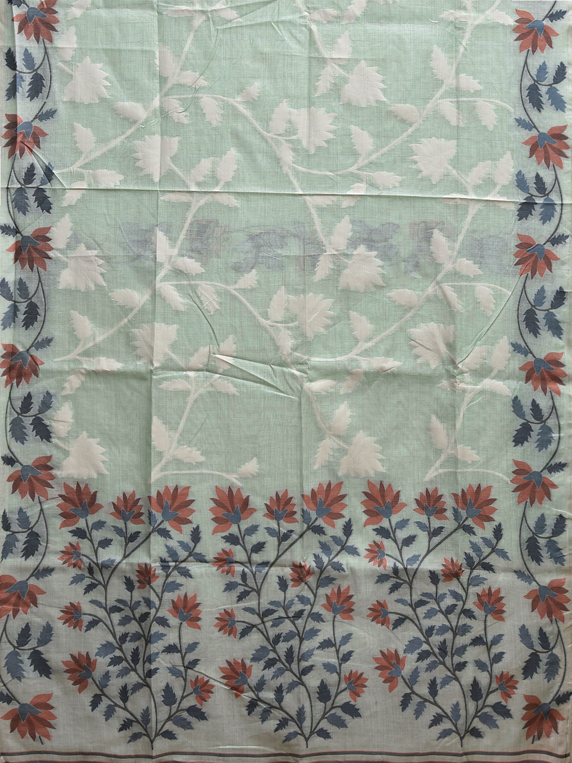 Light Turquoise Dhakai Jamdani Cotton Viscose Saree with Border and Pallu Floral Design dj0154