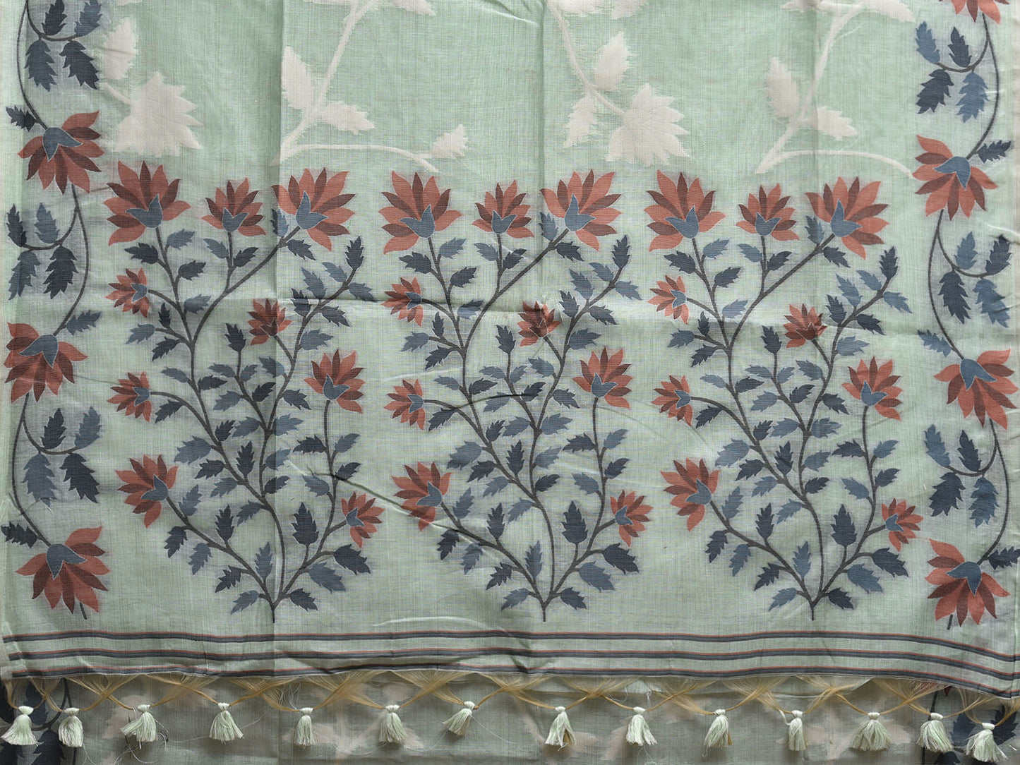 Light Turquoise Dhakai Jamdani Cotton Viscose Saree with Border and Pallu Floral Design dj0154